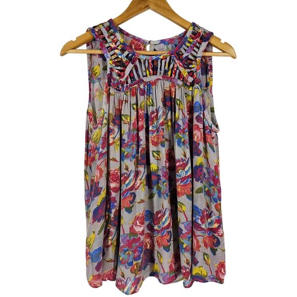 RANNA GILL WOMEN'S FLORAL PLEATED SLEEVELESS 100% RAYON BLOUSE TOP SIZE MEDIUM - Picture 1 of 7